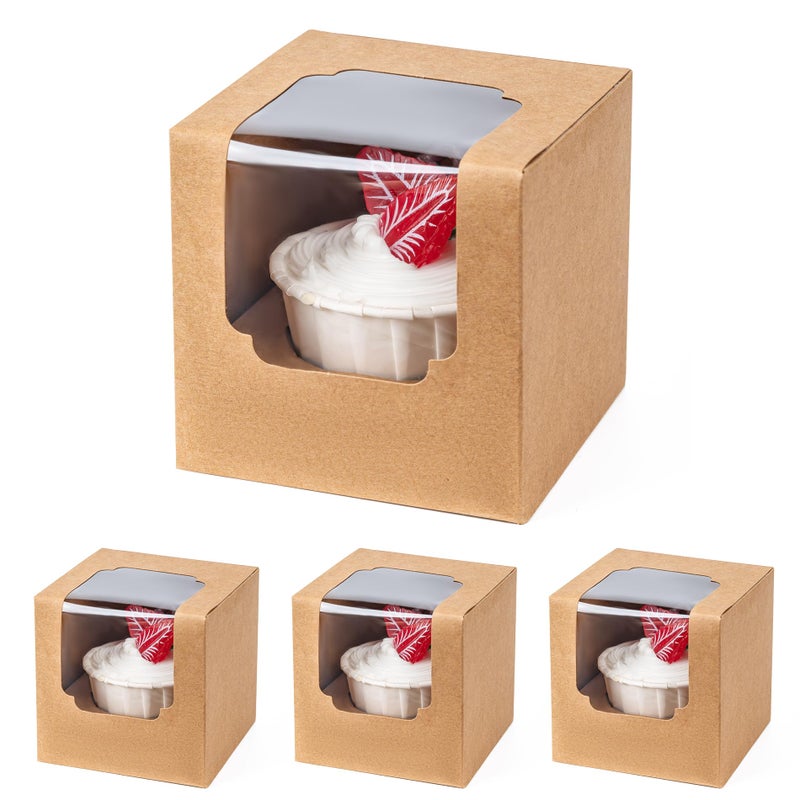 BOOMIBOO 50 Pack Individual Cupcake Containers, Cupcake Boxes with Window, Food Grade Cupcake Holders with Inserts, Stackable Deep Cupcake Carrier Easy Transport and Presentation (Brown) - Image 1